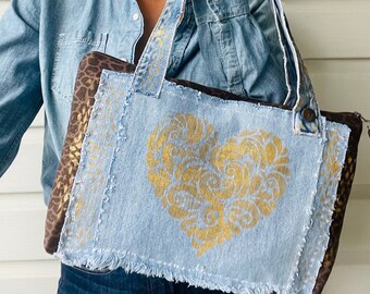 Denim and Cheetah Print Shoulder Bag. Partially Upcycled. Heart Gold Stencil.