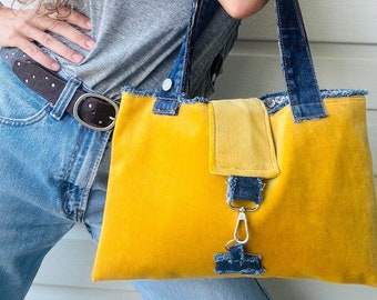 Yellow Velvet and Denim Handbag. Upcycled denim. Raw edges design.