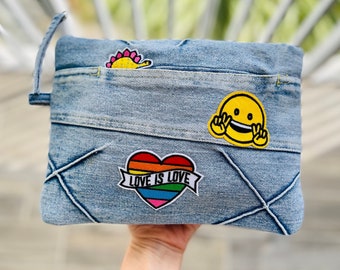 Upcycled Denim Patched Pouch. Love is Love Patch.