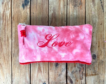 Barbie Inspired Clutches, Pink and Cherry Red Tie Dyed Love Stenciled, Floral Applique Latch Closure Denim Clutch.