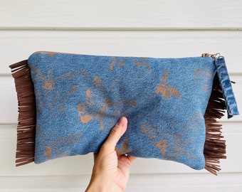 Country Boho Faux Suede Fringe, Brown Butterfly Pattern, Denim Upcycled Clutch Bag.