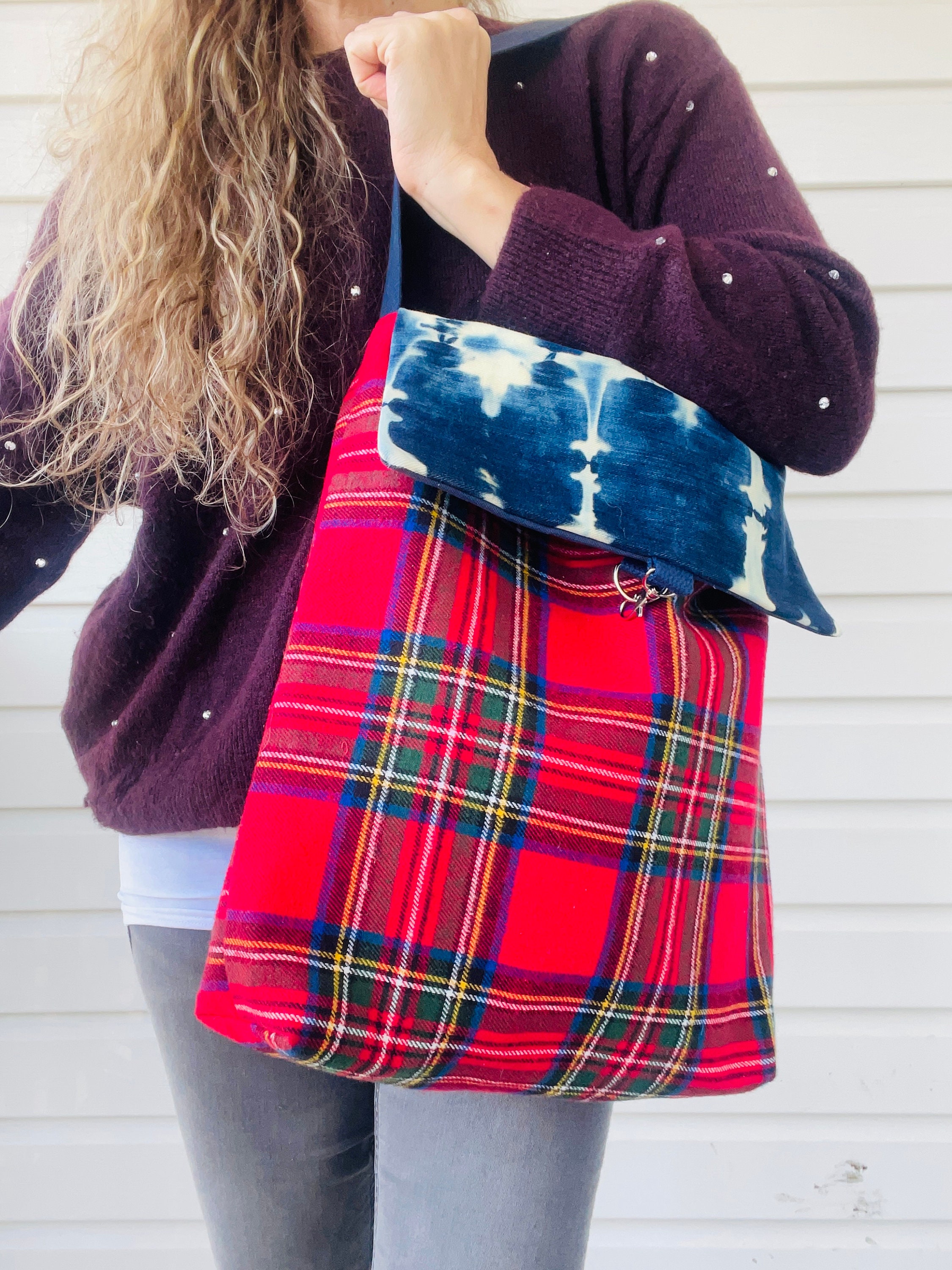 Flannel Tartan Plaid and Tie Dyed Tote With Flap Latch Closure. Lined ...