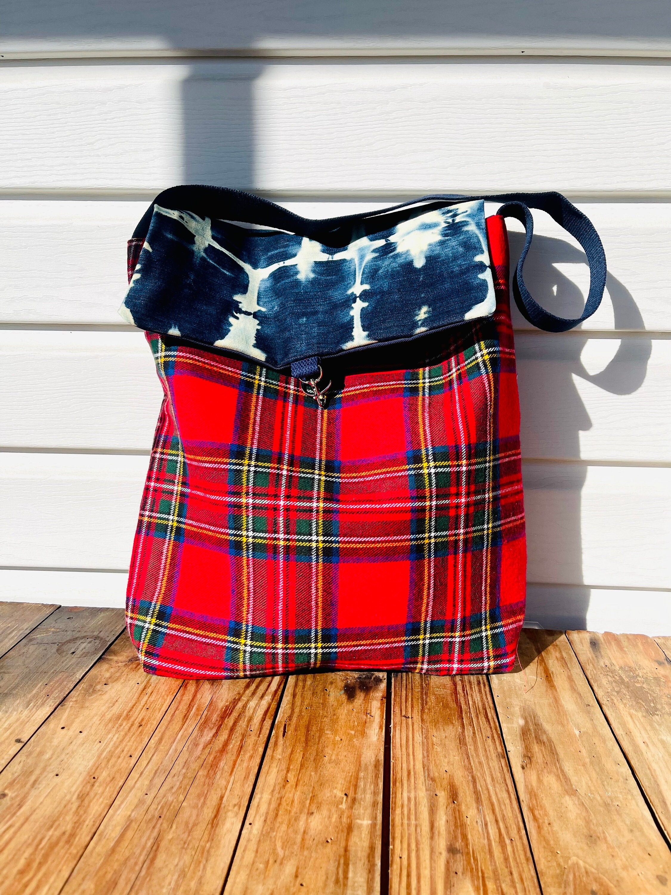 Flannel Tartan Plaid and Tie Dyed Tote With Flap Latch Closure. Lined ...