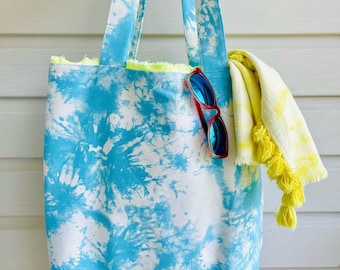 Baby Blue Tie Dyed Denim Tote with Neon Yellow Lining. Metallic Blue Trim. Beachy Style.