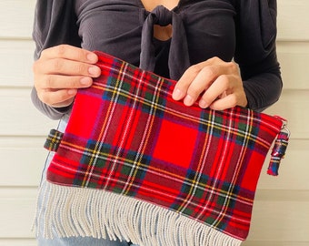 Red Holiday Flannel Tartan Plaid Fringe Clutch. Novelty Soft Fabric Holiday Purse. Soft and Lightweight.