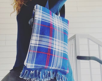 Flannel Blue Plaid Fringe Shoulder Bag. Soft Feel. Lightweight.