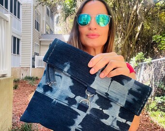 Upcycled Tie Dyed Boho Western or City Vibes Dark Denim Clutch. Lined and Ready to Ship!