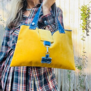 Yellow Velvet and Denim Handbag. Upcycled Denim. Boho Vibes. Street Style.
