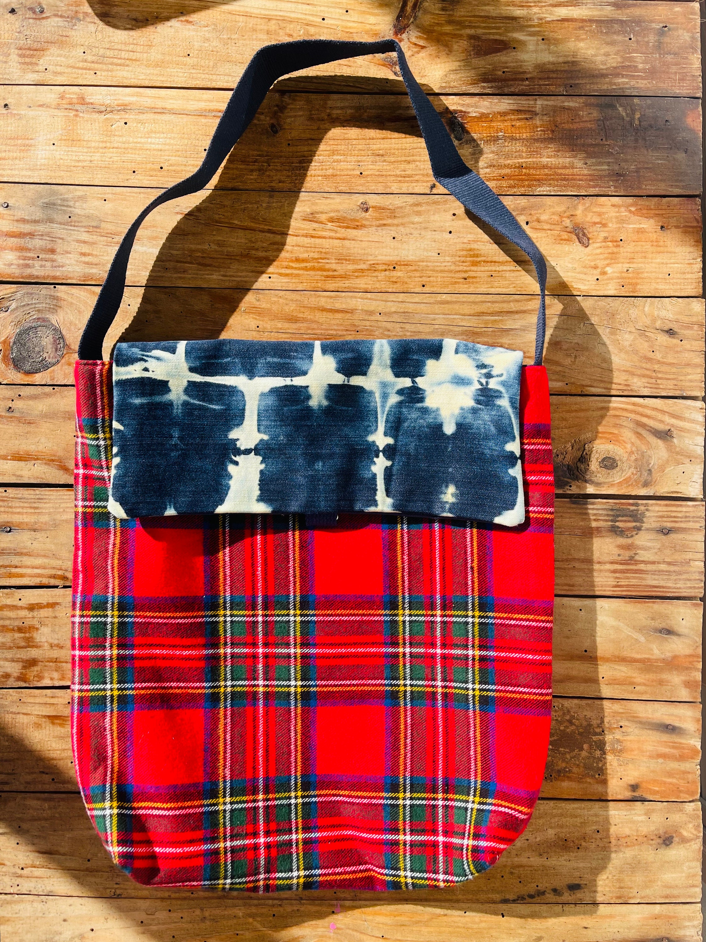 Flannel Tartan Plaid and Tie Dyed Tote With Flap Latch Closure. Lined ...