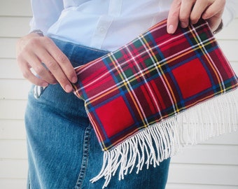 Red Tartan Printed Plaid Handmade Clutch Bag. Lined. Novelty Holiday Purse. Soft Fabric.