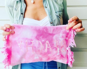 Beachy Pink Tie Dyed Denim Fringe Clutch. Hand Dyed.