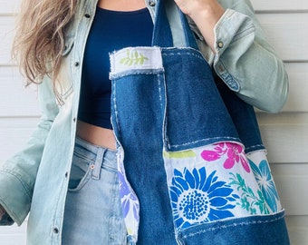 Floral Painted Big Denim Tote, Deconstructed Style. Lined, Soft Denim.