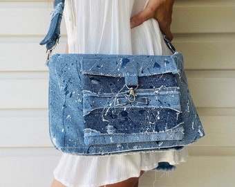 80’s Style Paint Splattered Denim Clutch/Adjustable Shoulder Bag. Upcycled.