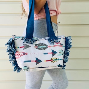 Arrow Pattern Bowling Bag with Denim Fringe