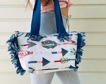 Arrow Pattern and Denim Fringe Bowling Ball Style Bag. Soft and Lightweight!