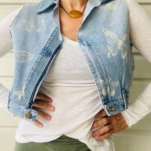 Denim Zipper Vest, Butterflies, Upcycled Denim.