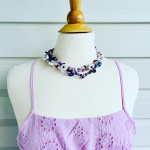 Amethyst Purple Stones and White Porcelain Flower Beads 3 Layered Choker Necklace.