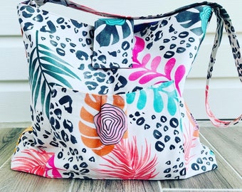 Slouchy Stylish Beachy Boho Cheetah Print and Bright Floral Bag. Adjustable Strap. Unique Print. Canvas Lightweight Bag.