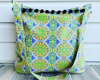 Slouchy Stylish Green, Purple and Yellow Mandala Print Long Crossbody Bag. Adjustable. Unique Print. Yoga Inspired.