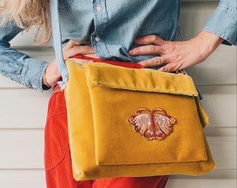 Mustard Yellow Velvet Crossbody Bag. Upcycled Denim Straps. Free Spirit Patch. Big Front Pocket.