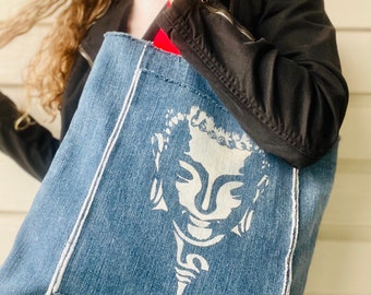 Buddha Stenciled Denim Tote. Deconstructed Style. Partially Upcycled. Double Lined.