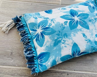 Turquoise Blue Tie Dyed Clutch with Turquoise Blue Floral Stencil and Denim Fringe. Soft Denim.