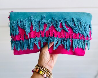 Denim Clutch Bag, Denim Teal and Fuchsia Fringe Clutch with Fun Lining. Soft Denim.