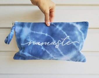 Cotton Clutch Travel Bag, Tie Dyed Pouch, 2 Colors, Maroon Red and Blue Tie Dyed with Stencil Namaste.