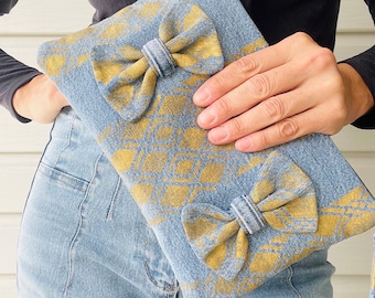 Denim Bow Gold Stenciled Holiday Clutch Bag. Upcycled.
