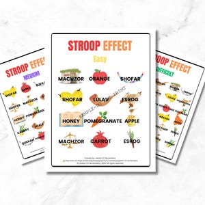 May include: Three educational posters with the text "STROOP EFFECT" and illustrations of various objects. The posters are labelled "Easy", "Medium", and "Difficult", with colourful images of apples, honey, and other items.