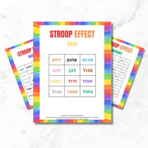 May include: Three worksheets for the Stroop Effect, each with a rainbow border. The central one is labelled "Easy" and has Hebrew colour names. The others are labelled "Medium" and "Difficult".