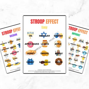 May include: Three educational posters labelled "Stroop Effect" with difficulty levels: Medium, Easy, and Difficult. Each poster displays colourful illustrations of objects and words, such as oil, apple sauce, honey, and donuts.