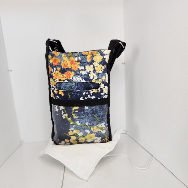 Handmade Floral TRACT-SIZE Phone bag with eye-catching Display Pocket design, showcase item for the Ministry fourbeansboutique PoTrBlkgdn