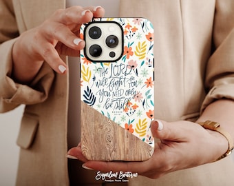 Exodus 14:14 Bible Verse Phone Case The Lord Will Fight For You You Need Only Be Still Printed Barn Wood Colorful Floral Pattern iPhone Case