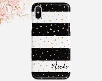 Personalized Phone Case: Black White Stripes - Custom Name Design