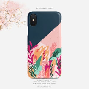May include: A phone case with a pink and blue background and a colorful floral design. The text "*All Textures are PRINTED" is at the top of the case. The text "Design Available For iPhone and Samsung Galaxy series other phone brands upon request. @SugarloafGraphics" is at the bottom of the case.