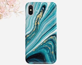 Teal Turquoise Marble Texture Print Phone Case Gold Glitter Swirl iPhone Case  iPhone X Case iPhone XS Case iPhone XS Max Case Nf