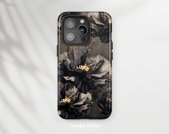 May include: Black phone case with a floral design featuring dark grey and gold peonies. The case has a raised camera bump and a black border.