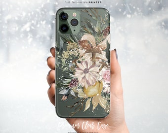 Woodland Floral Bouquet Clear Phone Case Mushroom Pinecone Forest Foliage Vintage Watercolor Art iPhone 13 Pro iPhone 13 Pro Max Samsung S21