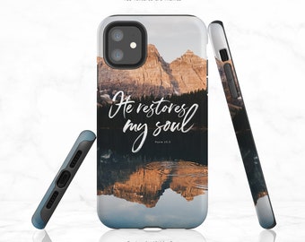 Psalm 23:3 Phone Case He Restores My Soul Bible Verse iPhone Case Scenic Mountain Forest Lake Water Christian Quote Samsung Case Nf