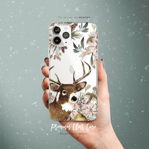 Woodland Deer Floral Clear Phone Case Mushroom Pinecone Forest Foliage Vintage Watercolor Art iPhone 13 Pro iPhone 13 Pro Max Samsung S21