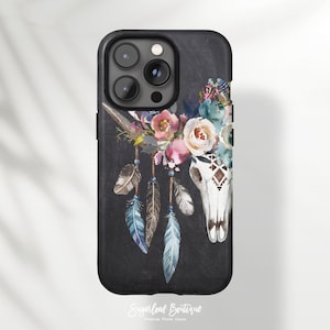Boho Cow Skull Phone Case Pink Floral Blue Feather iPhone 14 Pro Max iPhone 14 Plus iPhone SE4 Samsung Note 20 Ultra S22 Plus S21 FE Case