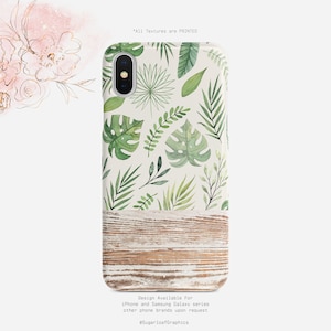 May include: A white phone case with a wood grain design and a green tropical leaf pattern. The text "All Textures are PRINTED" is at the top of the case. The text "Design Available For iPhone and Samsung Galaxy series other phone brands upon request @SugarloafGraphics" is at the bottom of the case.