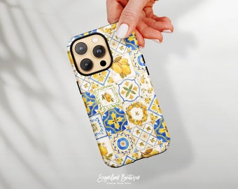 Italian Tile Art Phone Case Blue and Yellow Lemon Portuguese Tile Samsung Case Mediterranean Tile Folk Art Google Pixel 5G Case