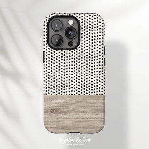 Boho Barn Wood Polka Dot Pattern iPhone Case Rustic Minimalist Samsung Case Black and Beige Simplistic Google Pixel Case