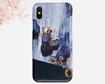 Indigo Blue Watercolor Phone Case With Gold Foil Accent Paint Swirl iPhone Case  iPhone X Case iPhone XS Case iPhone XS Max Case Nf