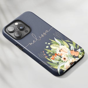 Navy Blue Personalized Phone Case Peach Pink Bouquet iPhone Case Spring Floral Pattern Samsung Case Pixel Case Teen Girl Gift Idea