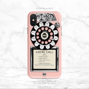 Retro roterende telefoonhoes, vintage telefoonontwerp, roze en zwarte elegante stijl, iPhone- en Samsung-cover, klassiek retro telefooncelpatroon