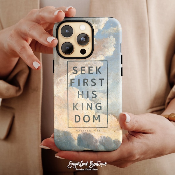 Matthew 6:33 Seek First Him Kingdom Bible Verse Phone Case Vintage Cloud Drawing Christian Quote Samsung Note 20 Ultra S22 Plus S21 FE A51
