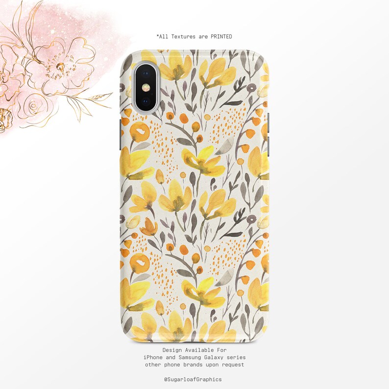 Yellow Floral Pattern Phone Case Watercolor Flower Iphone Case Etsy